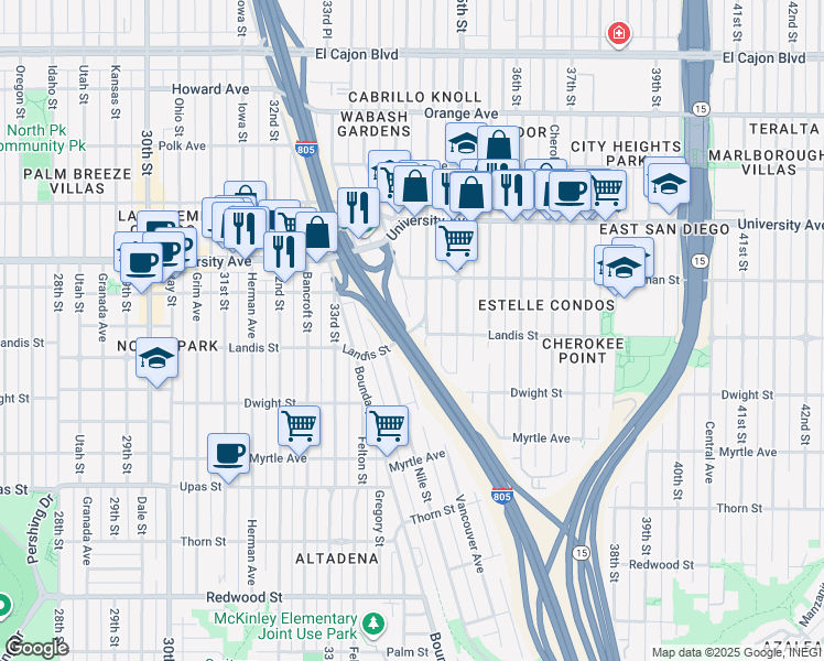 map of restaurants, bars, coffee shops, grocery stores, and more near 2618 Landis Street in San Diego