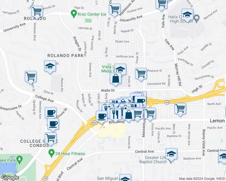 map of restaurants, bars, coffee shops, grocery stores, and more near 7022 Waite Drive in La Mesa