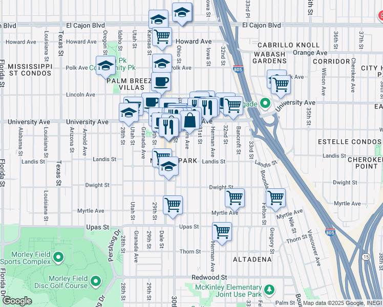 map of restaurants, bars, coffee shops, grocery stores, and more near 3727 Grim Avenue in San Diego