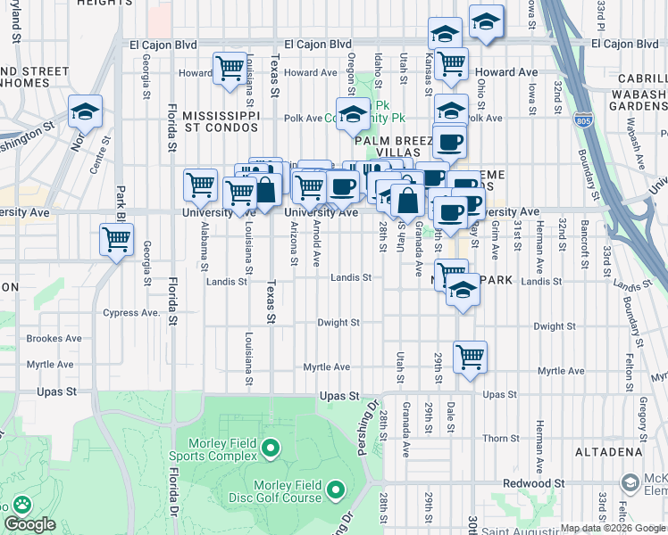 map of restaurants, bars, coffee shops, grocery stores, and more near 3720 Villa Terrace in San Diego