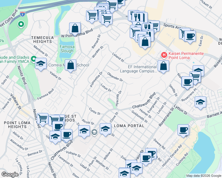 map of restaurants, bars, coffee shops, grocery stores, and more near 3702 Lotus Drive in San Diego