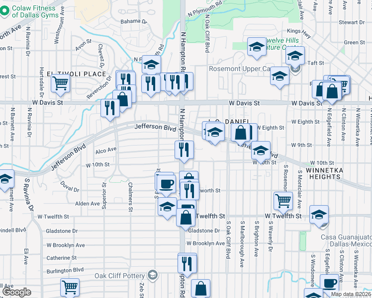 map of restaurants, bars, coffee shops, grocery stores, and more near 206 North Hampton Road in Dallas