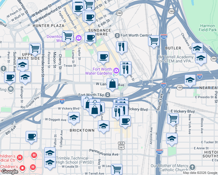 map of restaurants, bars, coffee shops, grocery stores, and more near 221 West Lancaster Avenue in Fort Worth