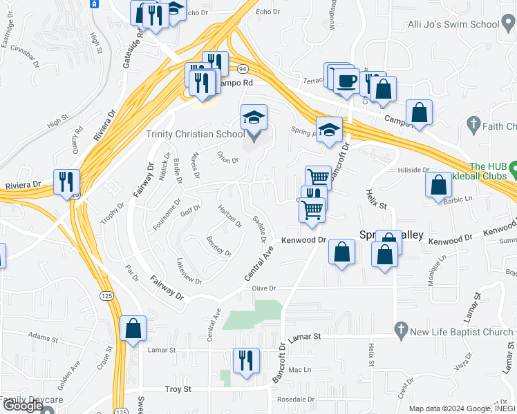 map of restaurants, bars, coffee shops, grocery stores, and more near 3605 Kenwood Drive in Spring Valley