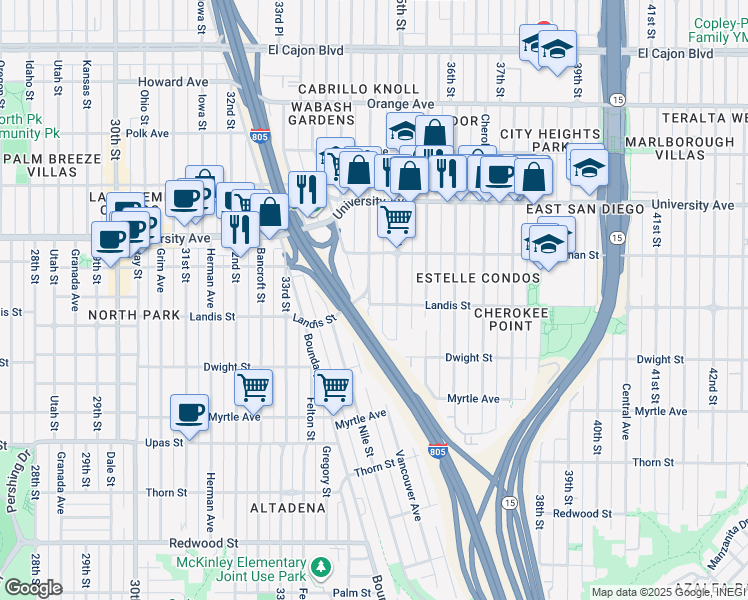 map of restaurants, bars, coffee shops, grocery stores, and more near 3705 Swift Avenue in San Diego