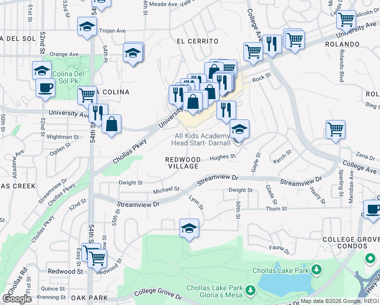 map of restaurants, bars, coffee shops, grocery stores, and more near 3925 58th Street in San Diego