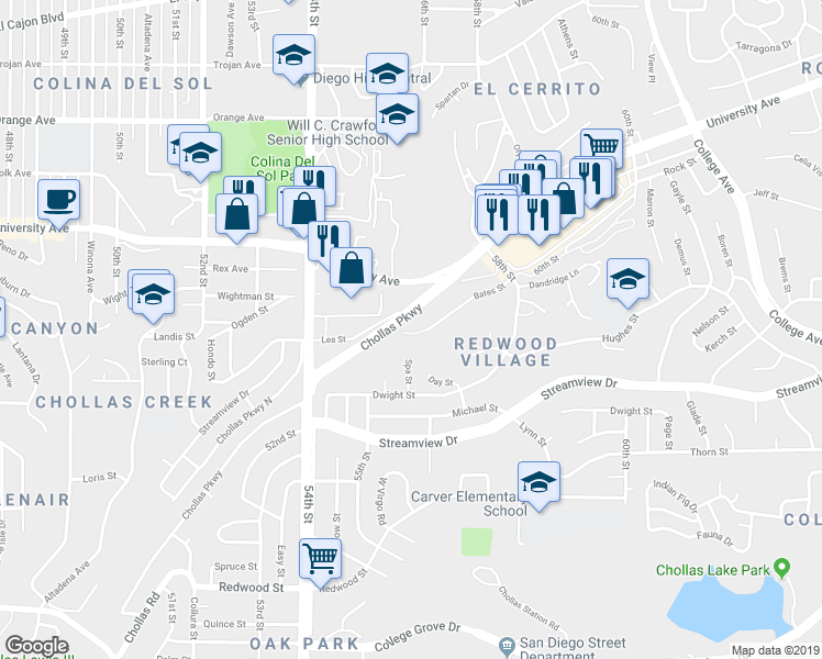 map of restaurants, bars, coffee shops, grocery stores, and more near 5702 Bates Street in San Diego