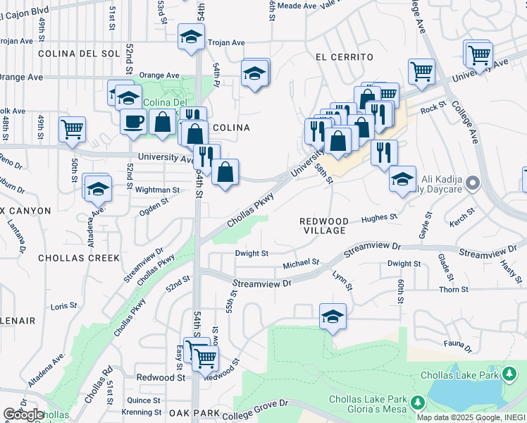 map of restaurants, bars, coffee shops, grocery stores, and more near 5700 Bates Street in San Diego