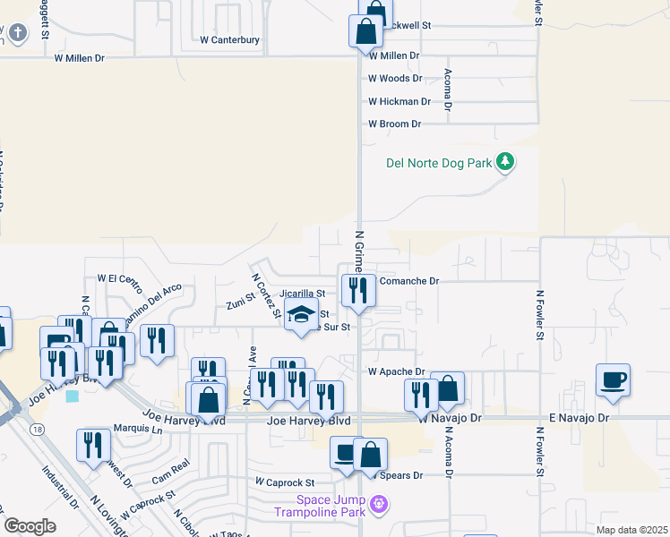 map of restaurants, bars, coffee shops, grocery stores, and more near 4149 North Apodaca Street in Hobbs