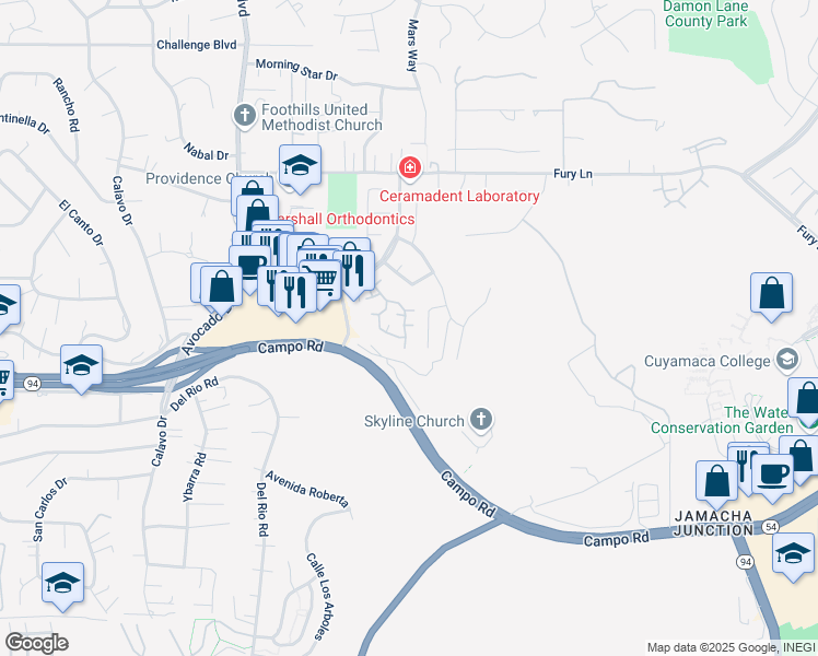 map of restaurants, bars, coffee shops, grocery stores, and more near 3550 Paseo Salamoner in La Mesa