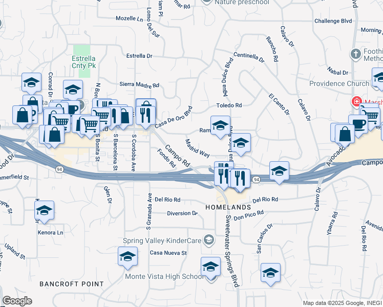 map of restaurants, bars, coffee shops, grocery stores, and more near 10177 Madrid Way in Spring Valley