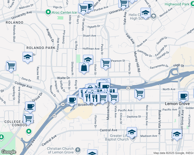 map of restaurants, bars, coffee shops, grocery stores, and more near 7064 Waite Drive in La Mesa