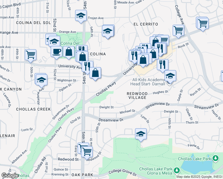 map of restaurants, bars, coffee shops, grocery stores, and more near 5706 Bates Street in San Diego