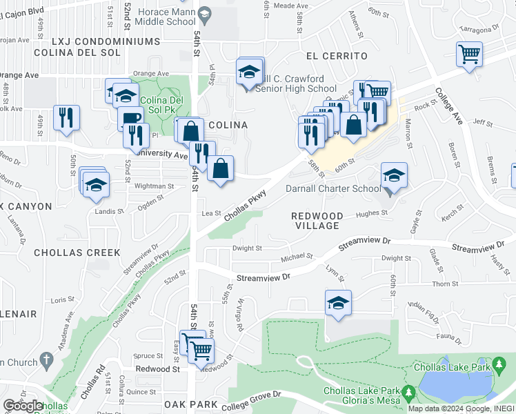 map of restaurants, bars, coffee shops, grocery stores, and more near 5706 Bates Street in San Diego