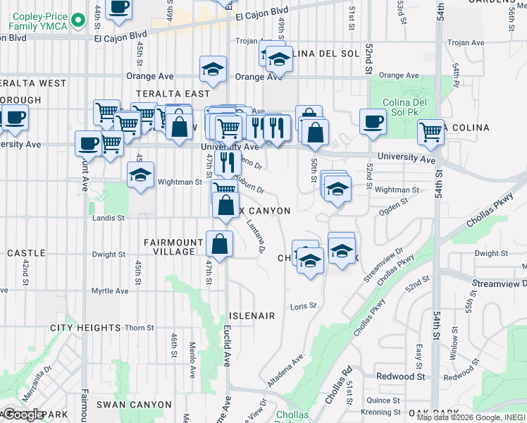 map of restaurants, bars, coffee shops, grocery stores, and more near 4834 Wightman Street in San Diego