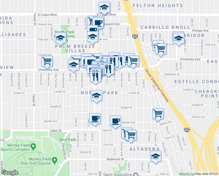 map of restaurants, bars, coffee shops, grocery stores, and more near 3746 31st Street in San Diego
