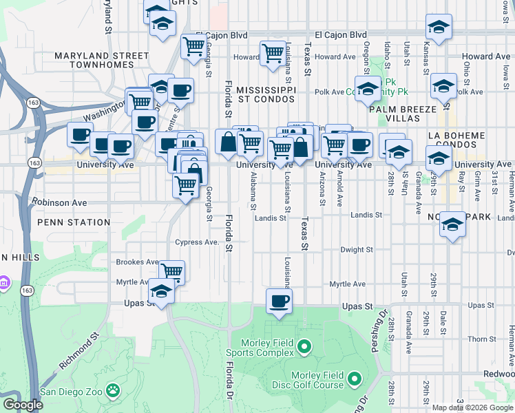 map of restaurants, bars, coffee shops, grocery stores, and more near 2050 Robinson Avenue in San Diego