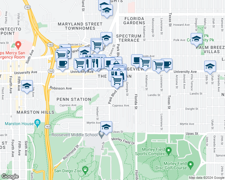map of restaurants, bars, coffee shops, grocery stores, and more near 1762 1/2 Robinson Avenue in San Diego