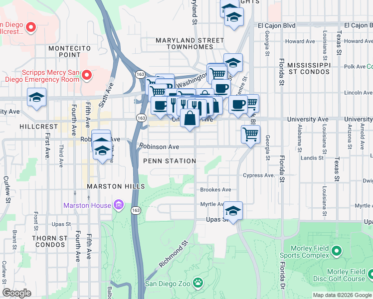 map of restaurants, bars, coffee shops, grocery stores, and more near 3750 Richmond Street in San Diego