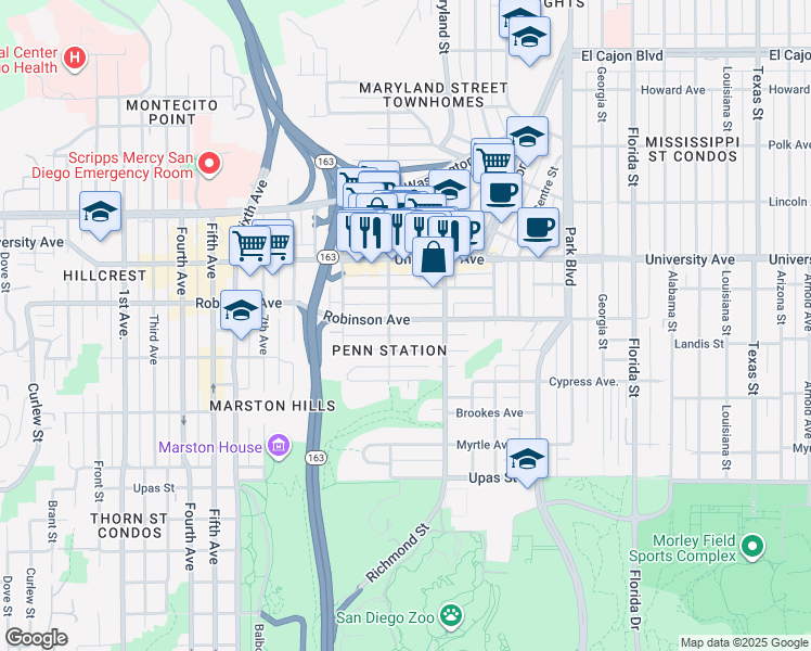 map of restaurants, bars, coffee shops, grocery stores, and more near 1214 Robinson Avenue in San Diego