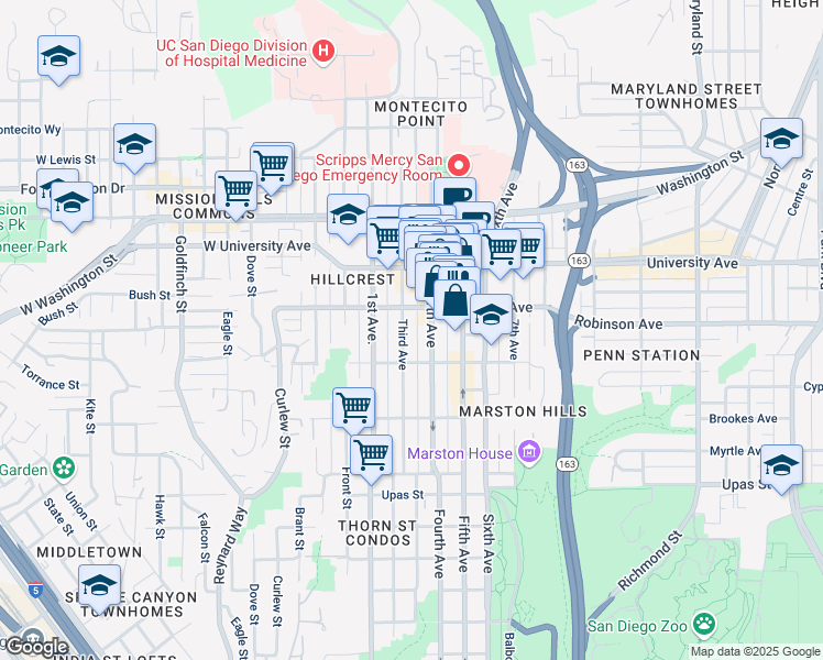 map of restaurants, bars, coffee shops, grocery stores, and more near 3750 Fourth Avenue in San Diego