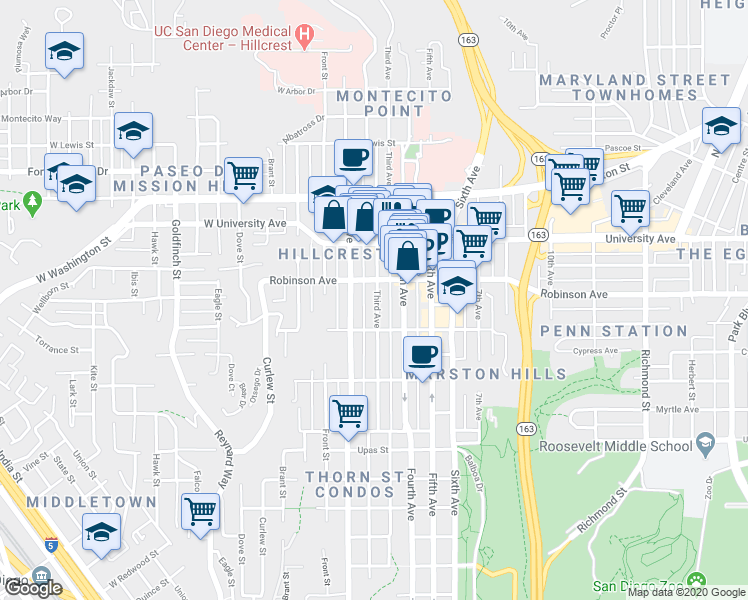 map of restaurants, bars, coffee shops, grocery stores, and more near in San Diego