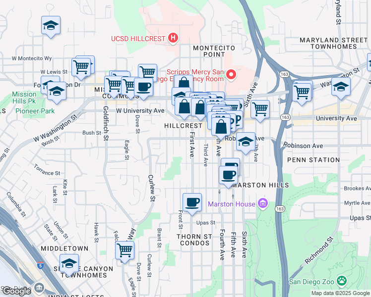 map of restaurants, bars, coffee shops, grocery stores, and more near 3767 Front Street in San Diego