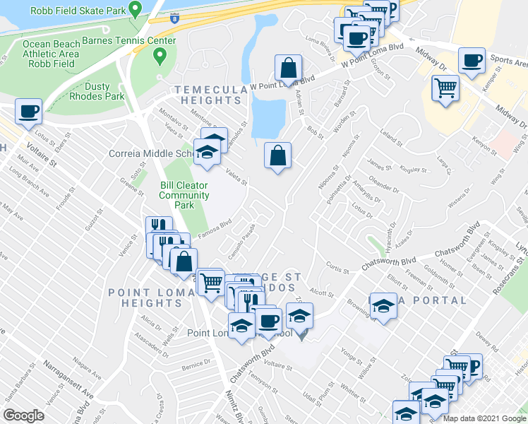 map of restaurants, bars, coffee shops, grocery stores, and more near 2478 Caminito Venido in San Diego