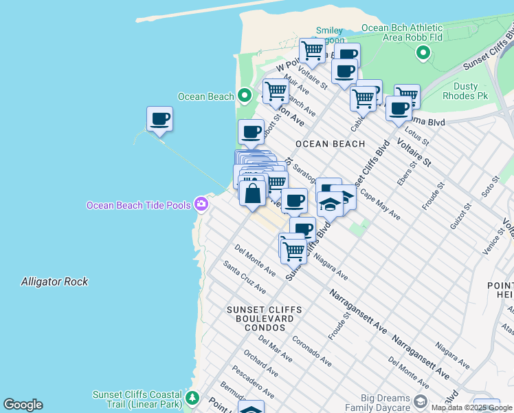 map of restaurants, bars, coffee shops, grocery stores, and more near 5022 Niagara Avenue in San Diego