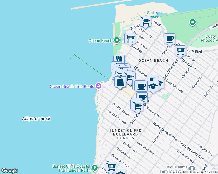 map of restaurants, bars, coffee shops, grocery stores, and more near 5070 Narragansett Avenue in San Diego