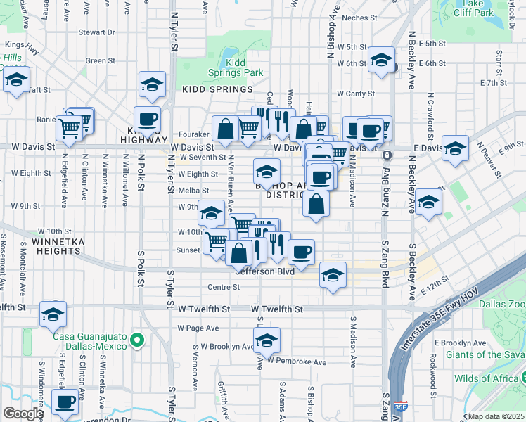 map of restaurants, bars, coffee shops, grocery stores, and more near 607 West 9th Street in Dallas
