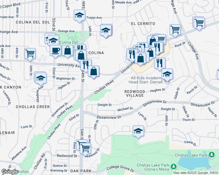 map of restaurants, bars, coffee shops, grocery stores, and more near 5700 Bates Street in San Diego