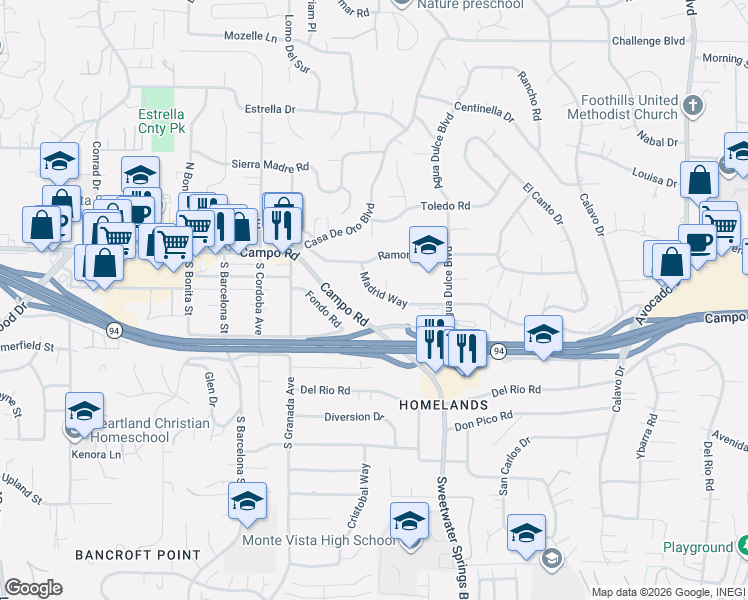 map of restaurants, bars, coffee shops, grocery stores, and more near 10183 Madrid Way in Spring Valley