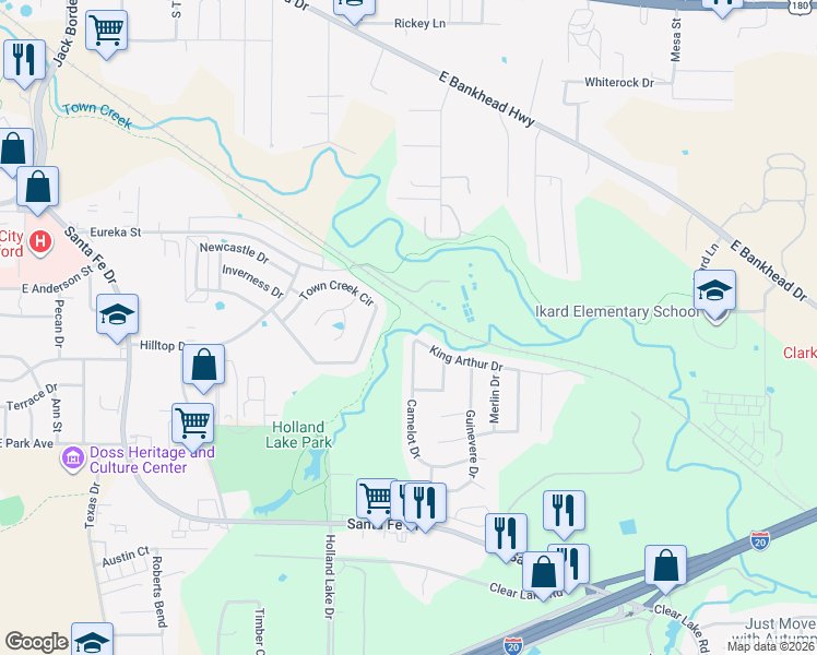map of restaurants, bars, coffee shops, grocery stores, and more near 229 Camelot Drive in Weatherford