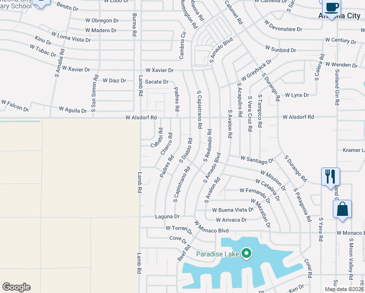 map of restaurants, bars, coffee shops, grocery stores, and more near 14673 South Diablo Road in Arizona City
