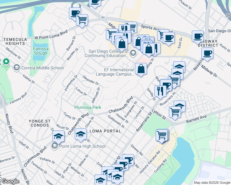 map of restaurants, bars, coffee shops, grocery stores, and more near 3402 Wisteria Drive in San Diego