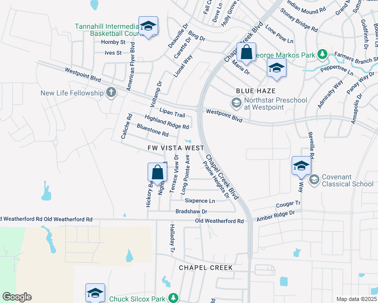 map of restaurants, bars, coffee shops, grocery stores, and more near 1001 Long Pointe Avenue in Fort Worth