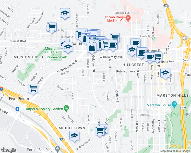 map of restaurants, bars, coffee shops, grocery stores, and more near 823 Sutter Street in San Diego