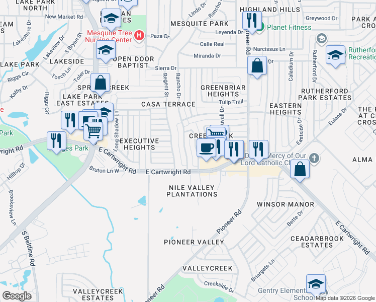 map of restaurants, bars, coffee shops, grocery stores, and more near 1613 Mayfair Drive in Mesquite