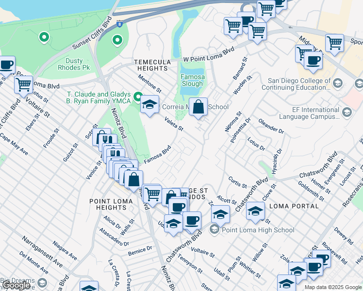 map of restaurants, bars, coffee shops, grocery stores, and more near 4041 Caminito Dehesa in San Diego