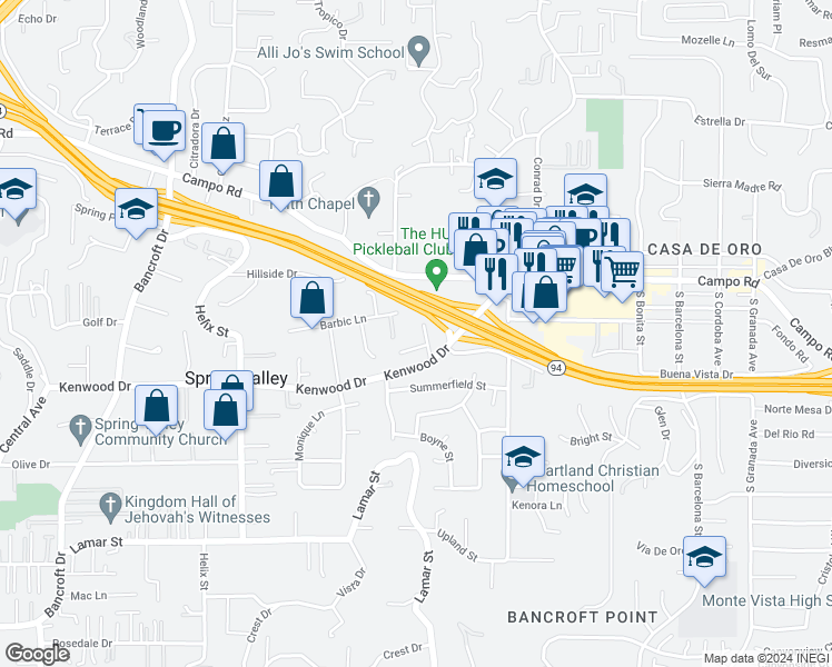 map of restaurants, bars, coffee shops, grocery stores, and more near 3734 Barbic Court in Spring Valley