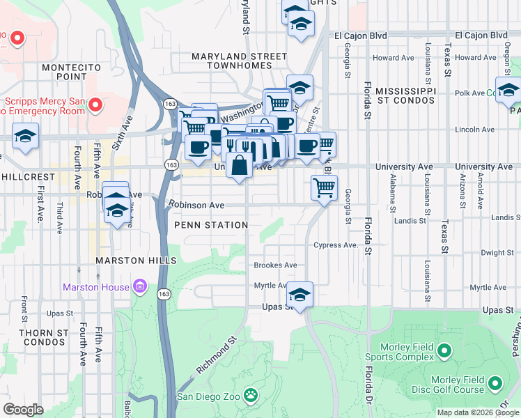 map of restaurants, bars, coffee shops, grocery stores, and more near 1514 Robinson Avenue in San Diego
