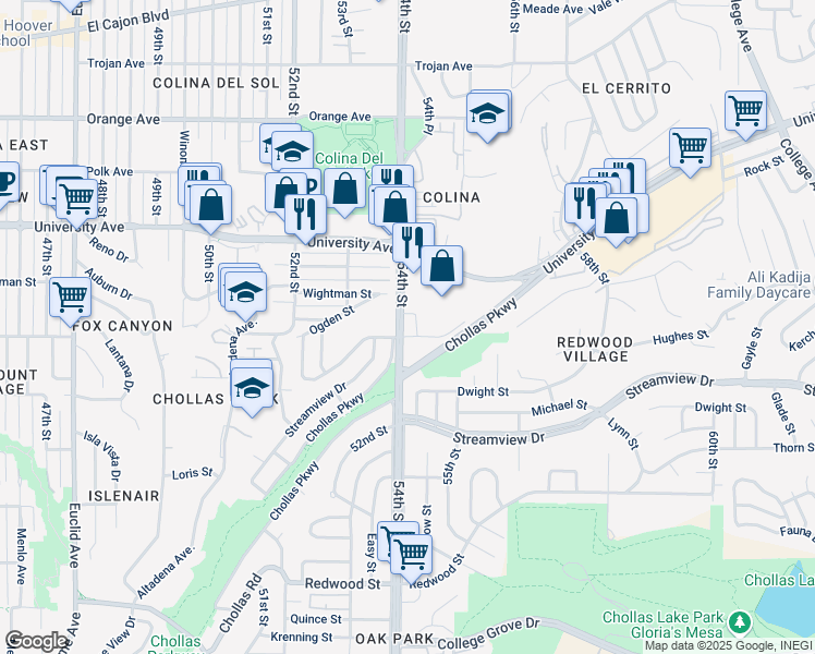 map of restaurants, bars, coffee shops, grocery stores, and more near 5410 Lea Street in San Diego