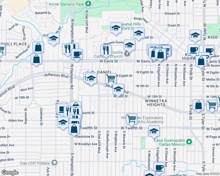 map of restaurants, bars, coffee shops, grocery stores, and more near 1924 West Jefferson Boulevard in Dallas