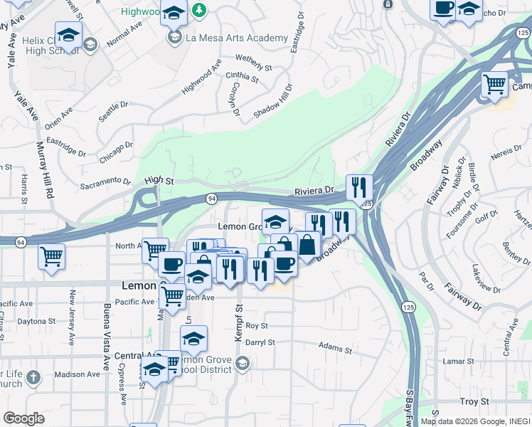 map of restaurants, bars, coffee shops, grocery stores, and more near 8110 Lemon Grove Way in Lemon Grove