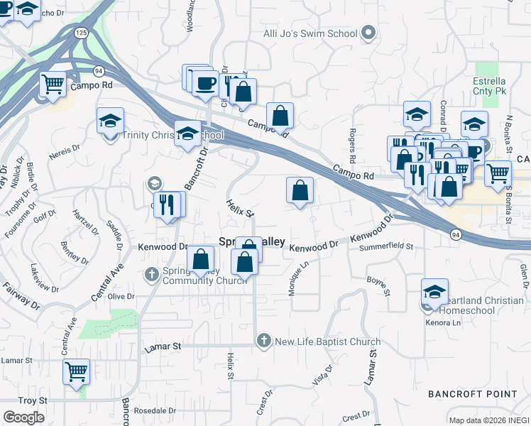map of restaurants, bars, coffee shops, grocery stores, and more near 3615 Helix Street in Spring Valley