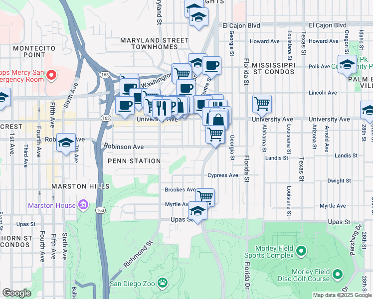 map of restaurants, bars, coffee shops, grocery stores, and more near 1609 Robinson Avenue in San Diego