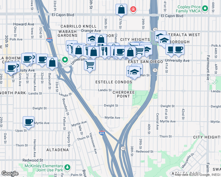 map of restaurants, bars, coffee shops, grocery stores, and more near 3622 Landis Street in San Diego