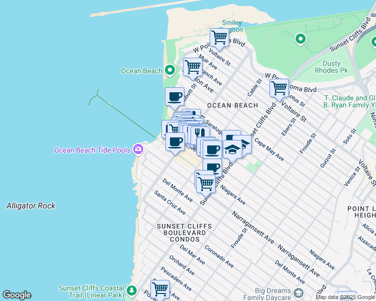 map of restaurants, bars, coffee shops, grocery stores, and more near 4961 Newport Avenue in San Diego
