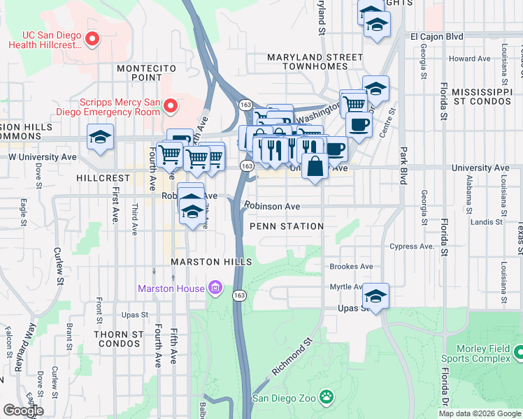map of restaurants, bars, coffee shops, grocery stores, and more near 1030 Robinson Avenue in San Diego